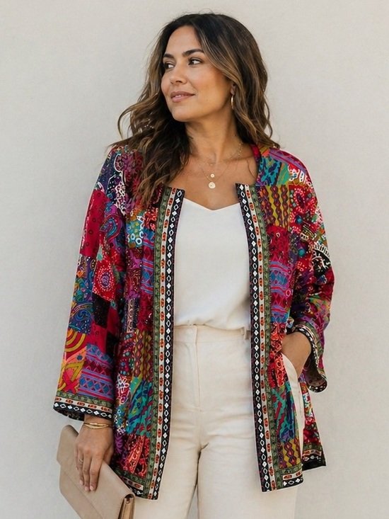 Vintage Jackets & Blazers - Vintage-Style Boho Patchwork Cardigan Blazer – Vibrant Ethnic Print